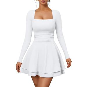 XXTAXN Womens Sexy Long Sleeve Square Neck Bodycon Mesh Mini Dress White M