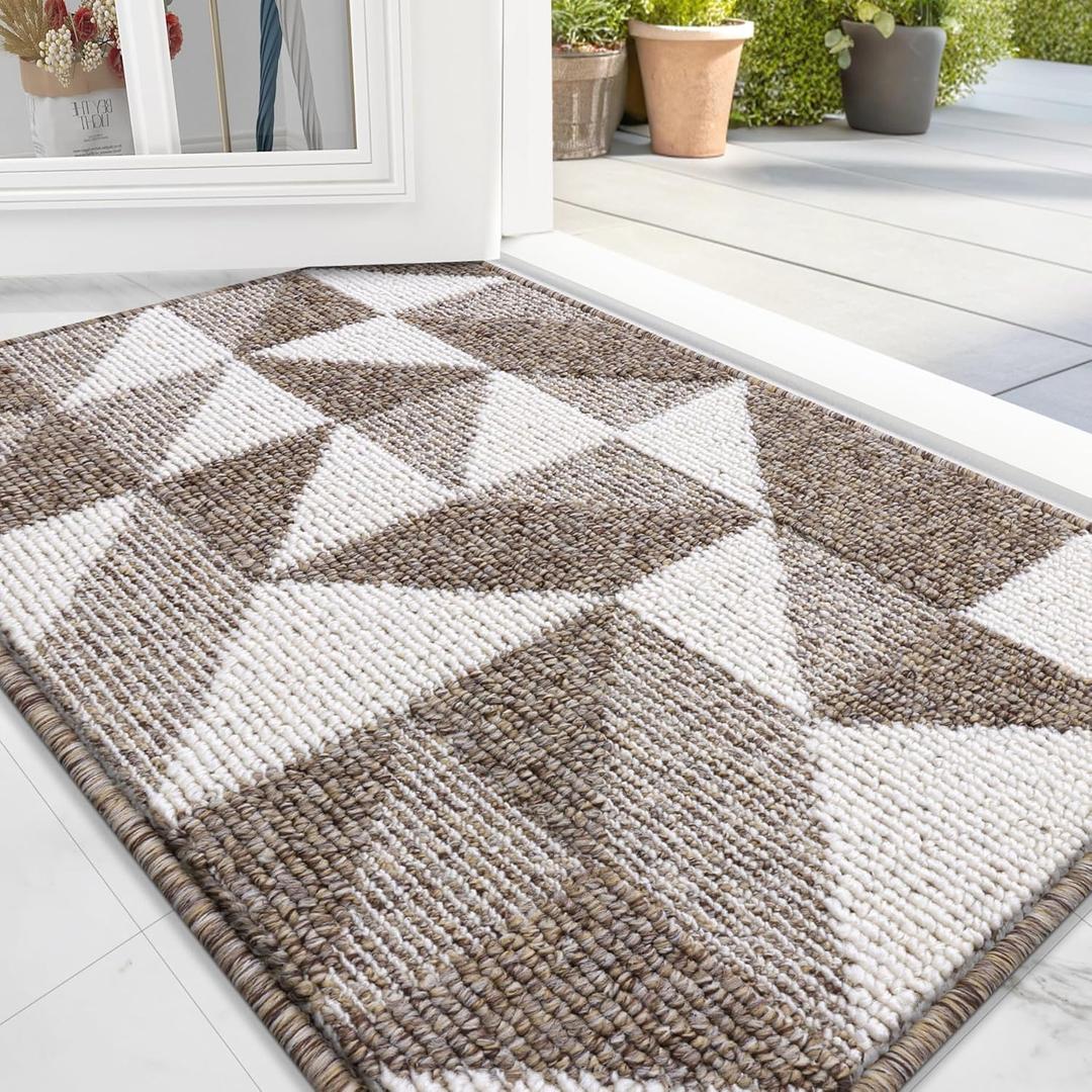 OLANLY Door Mat Indoor Entrance Washable 32x20, Odor-Free Low-Profile Front Back Geometric Doormat, Absorbent Resist Dirt Entry Carpet, Easy to Clean Sturdy Inside Floor Mats for Entryway, Brown