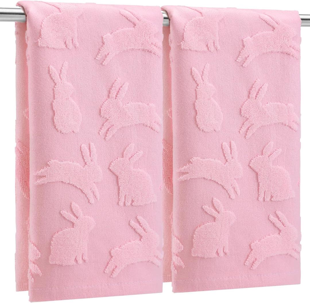 Tudomro 2 Pcs Easter Bunny Hand Towels for Bathroom 100% Cotton Bath Towel Pink Jacquard Soft Absorbent Kitchen Towel Dish Washcloth for Kitchen, 13.8 x 29.5 Inch