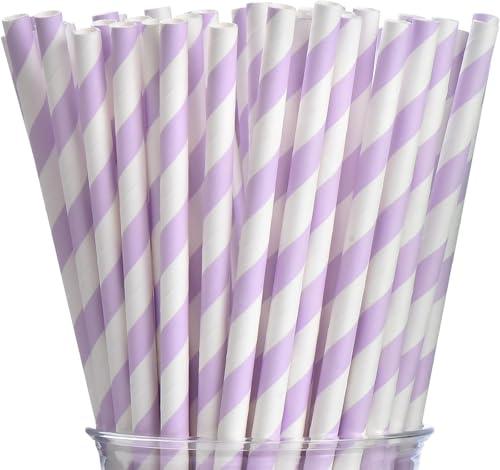 Light Purple Striped Paper Straws - Disposable Drinking Straws Purple and White Paper Straws for Craft Birthday Party Decorations (7.75inch, 100 Pack)