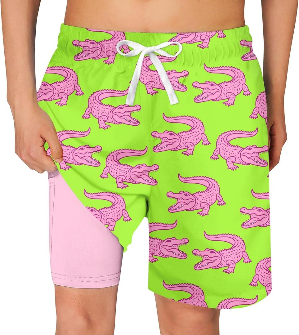 BFUSTYLE Boys Swim Trunks Kid Swim Short with Compression Liner Little Boys Bathing Suit (10-12 Years, B1 Crocodile)