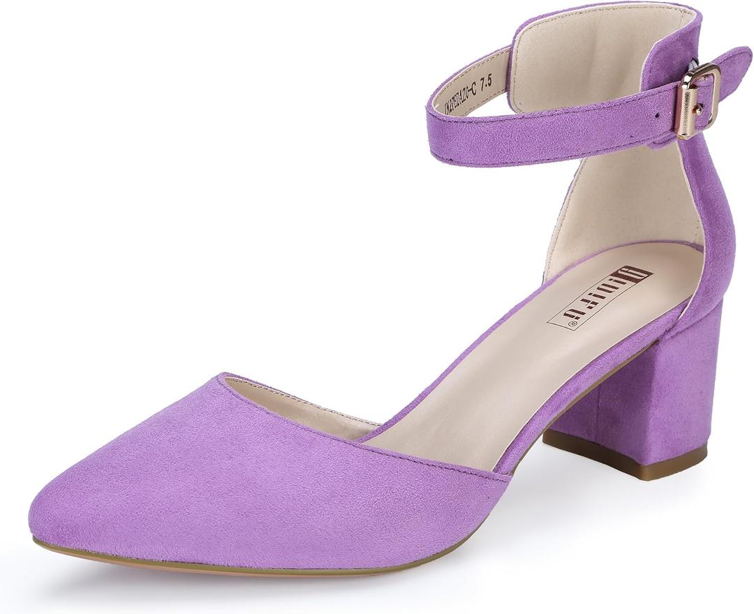 IDIFU Women's IN2 Pedazo Dress Shoes Low Block Heels Comfortable Chunky Closed Toe Ankle Strap Wedding Pumps (6.5, Lavender Suede)