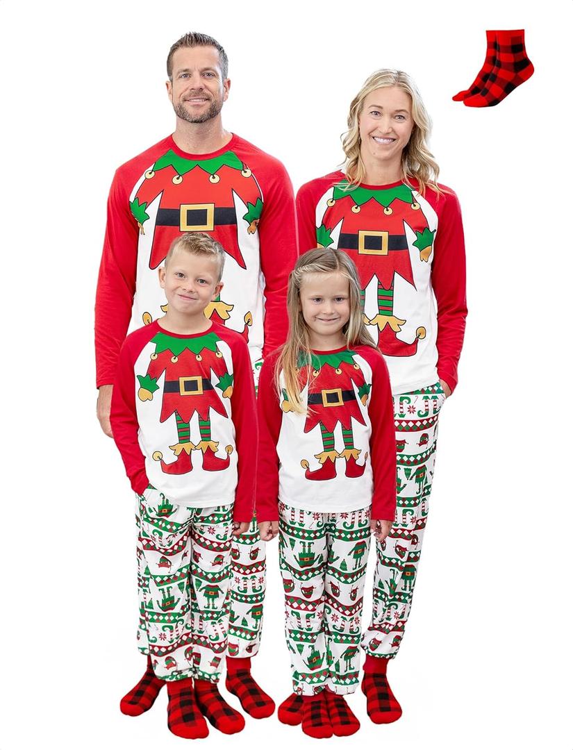 PATPAT Family Christmas Pjs Matching Sets Holiday Jammies Sleepwear Christmas Pajamas for Family Xmas Outfits with Socks (Small, Elf Costume Print)