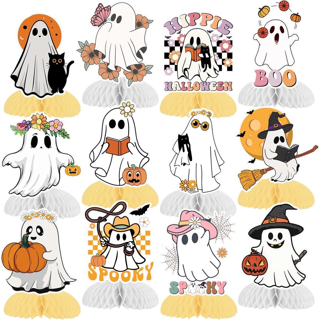 12 PCS Halloween Ghost Honeycomb Centerpieces, Cute Halloween Ghost Birthday Party Decorations Ghost Table Centerpieces Decorations for Kids Boys Girls Baby Shower