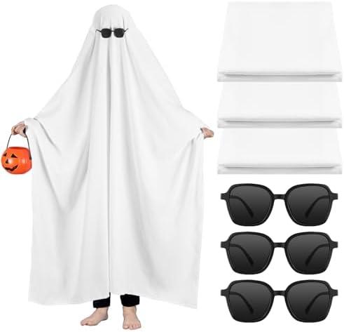 Ramede 3 Pcs White Sheet Ghost Costume Halloween Ghost Boo Costume Black Sunglasses for Adults Halloween Cosplay