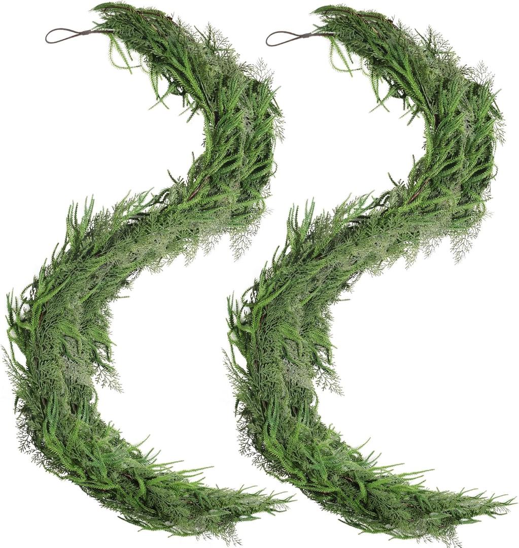 2 Pcs 9FT Christmas Garland for Mantle, Artificial Real Touch Norfolk Pine & Cedar Garlands for Xmas Decoration Indoor Outdoor, Realistic Greenery Christmas Garland for Stairs Railing, Fireplace