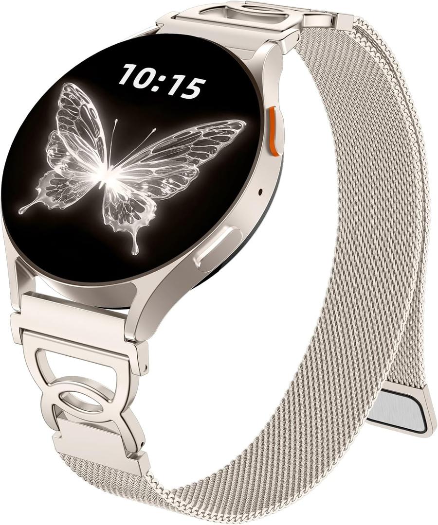 Adorve Slim Metal Strap Compatible with Galaxy Watch 7 Band, Galaxy Watch 6 Band, 5/4/FE/Pro/Classic/Active 2, 20mm Replacement Strap for Samsung Watch Bands for Women with Unique Design (Starlight)