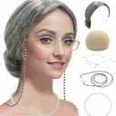 Old Lady Costume Set Grandma Wig Cap Madea Granny Glasses Eyeglass Chains Cords Faux Pearl Bead Necklace Cosplay Set 5 Pieces (Base Size, Grey Bun)