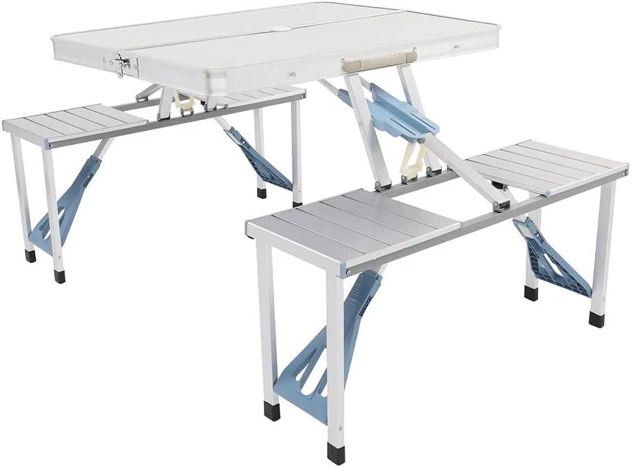 Folding Picnic Table, Aluminum Foldable Table, Camping Table with Seats and Umbrella Hole, Lightweight Suitcase Outdoor, Portable Camping Chairs for Travel Outing Gathering BBQ Christmas Gift, 85.5x67x66cm
