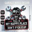 This Is My Happy Place Don't F*ck It Up Sign, Funny Skull & Crossed Wrenches Metal Wall Sign, Hanging Wall Decor for Man Cave, Mechanic Shop