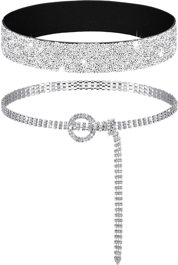 Pangda 2 Pcs Women Stretchy Rhinestone Dress Glitter Belts O Ring Buckle Bling Diamond Belts for Women Shiny Party