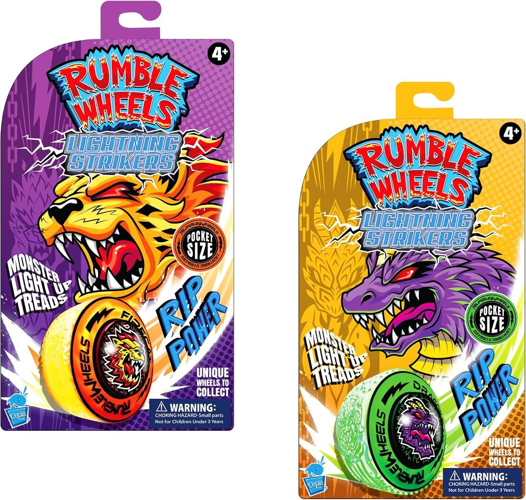 2 x Rumble Wheels Lightning Strikers 2-Pack Rip Cord Powered with Light-Up Spinning Wheels, High-Speed Battle Racers, All-Terrain Boys Racing Toy for Kids Ages 4+ | Dragon Blaze & Fire Cat, Small