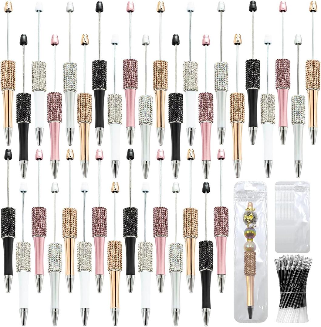 75 Pcs DIY Diamond Beadable Pen Kit - 25 Plastic Rhinestone Beaded Pens Bulk with Refills & Bags - Fancy Cute Glitter Pens for Crafting, Students & Teachers School Supplies (Advanced)