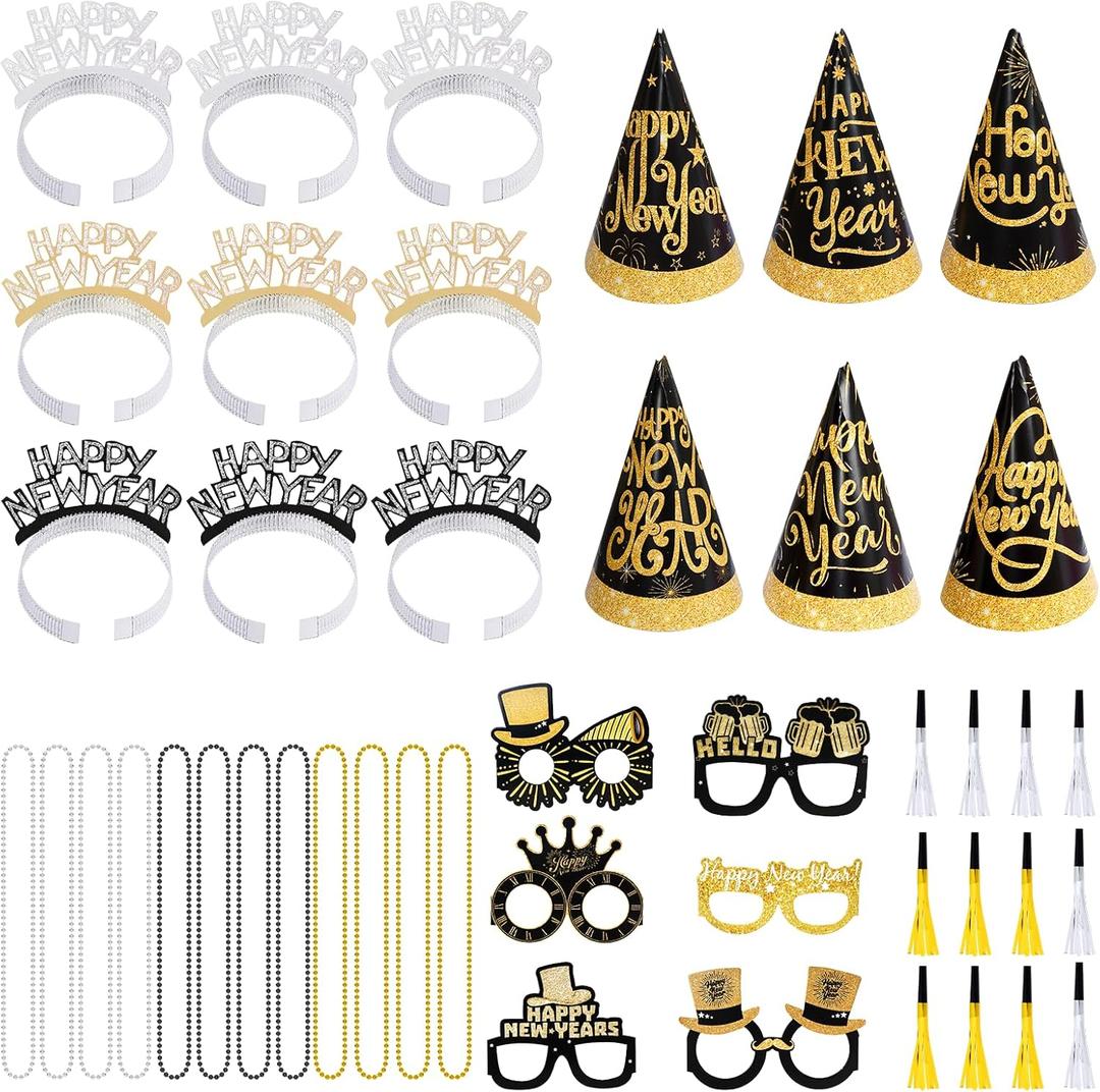 Yolyoo 42 PCS New Years Eve Party Supplies 2026 Including Happy New Year Headband,Glasses,Noise Makers & Necklace for Party Favors