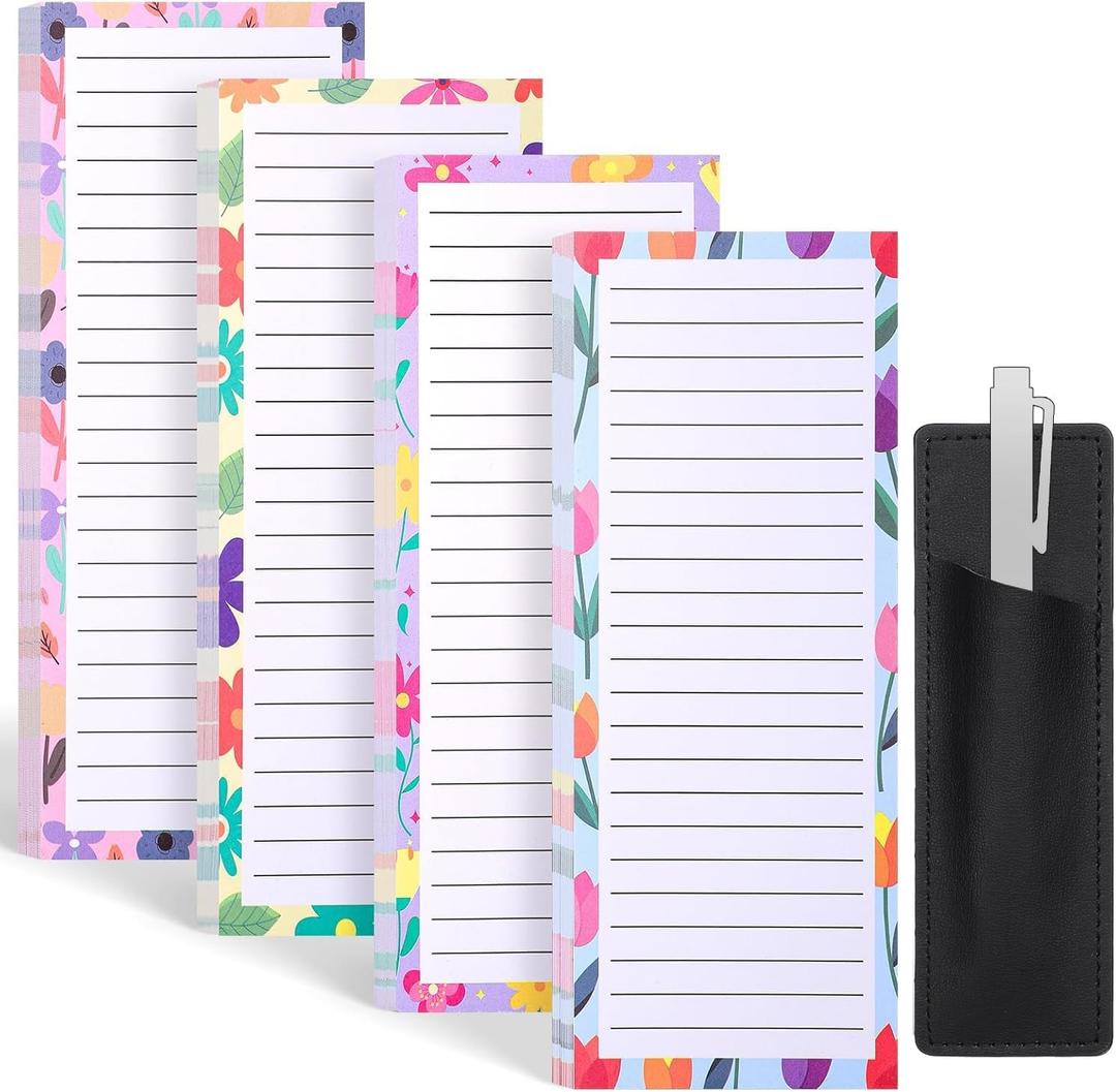4 Pack Magnetic Note Pad for Fridge with Pen Holder, Totally 200 Sheets Grocery List Magnet Pad for Refrigerator Magnetic Shopping List PadFloral Design