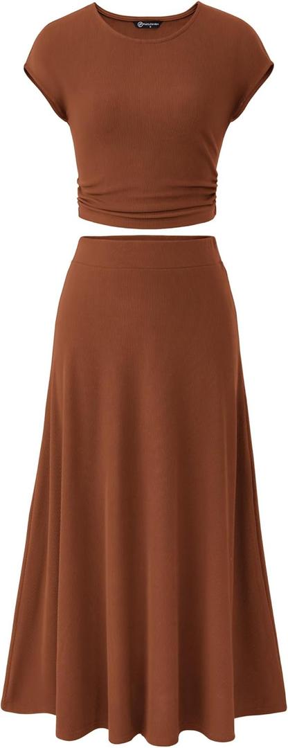 PRETTYGARDEN Two Piece Skirt Set for Women 2025 Summer Spring Dressy Casual Knit Travel Vacation Matching Lounge Outfits (Small, Dark Brown)