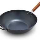 GreenPan Carbon Steel Wok 14, Flat Bottom, Durable Stir-Fry Pan, Pre-Seasoned Ready to Use, High Heat Retention, Induction, Ash Wood Handle, Kyoto, Black