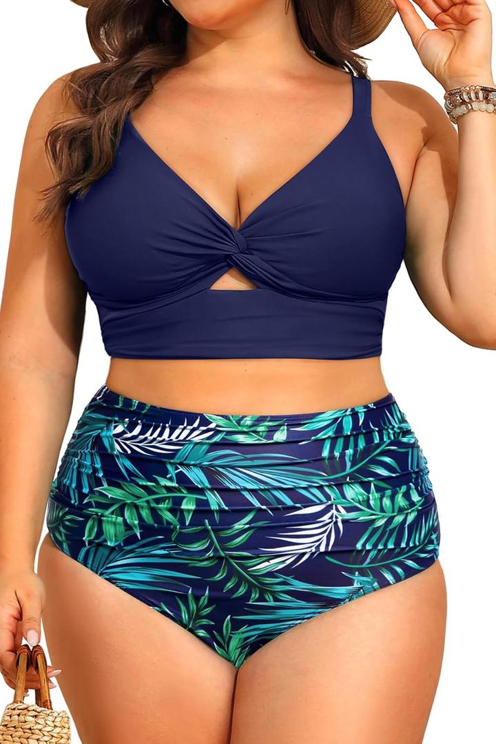 Daci Plus Size Two Piece Swimsuits - Women High Waisted Bikini Tummy Control Bathing Suits Knot Twist Swimwear 2025 (Navy Leaves, 20 Plus)