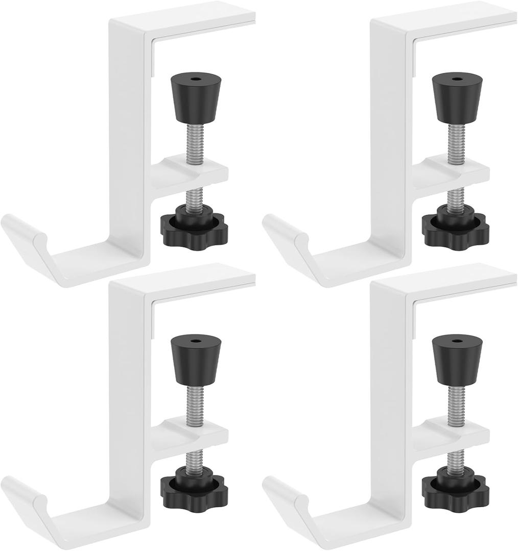 UKQRRTC 4Pcs Desk Clamp On Hook, Aluminum Table Hanger Hook, Adjustable Under Desk Headphone Holder, Desk Mount Backpack Hanger, Punch Free Desk Hook Clamp for Bag Key Handbag (White)