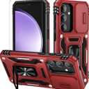 WRJ for Samsung Galaxy S25 Plus/S24 Plus Case with Slide Camera Cover and Screen Protector, Military Grade Protection [Rotated Ring Kickstand] Heavy Duty Shockproof Protective Cove-Red