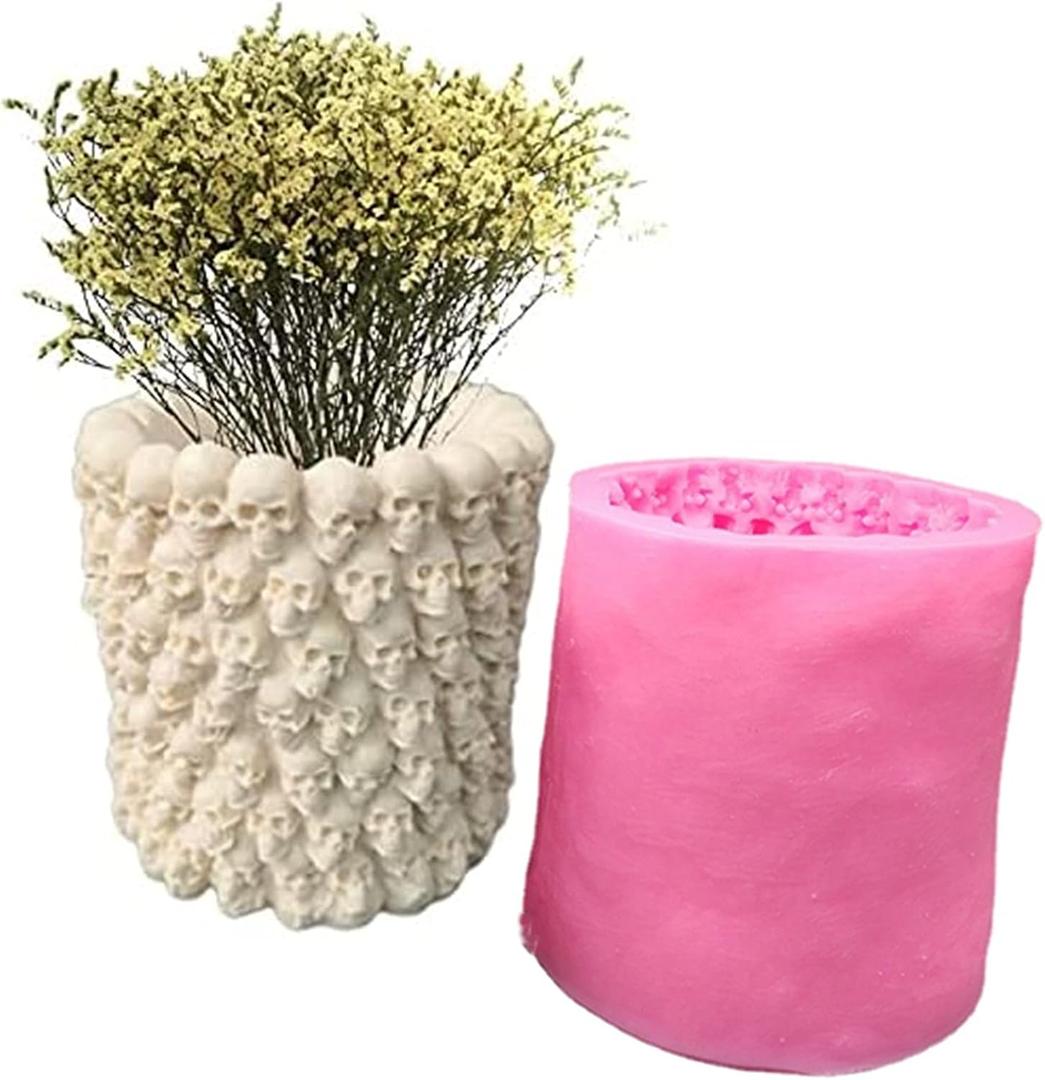 Skull Succulent Flower Pot Silicone Mold Concrete Planter Vase Cement Mold Plaster Epoxy Resin Pen Brush/Candle Holder Polymer Clay Mould (B)