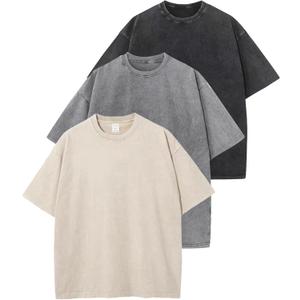 Arssm 3 Pack Men Oversized T Shirts Vintage Tee Loose Fit Short Sleeve Casual Streetwear Baggy Washed Unisex Tops (XX-Large, Black+grey+beige)