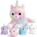 KMUYSL Plush Unicorn Kitty Toys for Girls Ages 3 4 5 6 7 8+ Year - Cat Mommy Stuffed Animal with 4 Baby Kitties in Her Tummy, Animal Stuffed Toys Set, Christmas Valentines Birthday Gifts for Girls