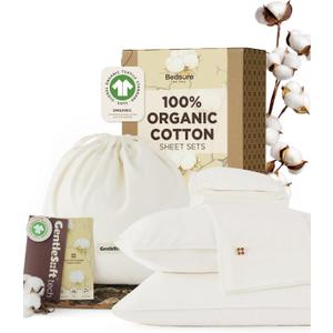 Bedsure 100% GOTS Organic Cotton Sheets, Fair Trade Certified King Bedding Set, Eco-Friendly, Soft, 17 inches Deep Pocket King Sheet, Sateen Weave Cotton Luxurious Hotel Bed Set, Ivory