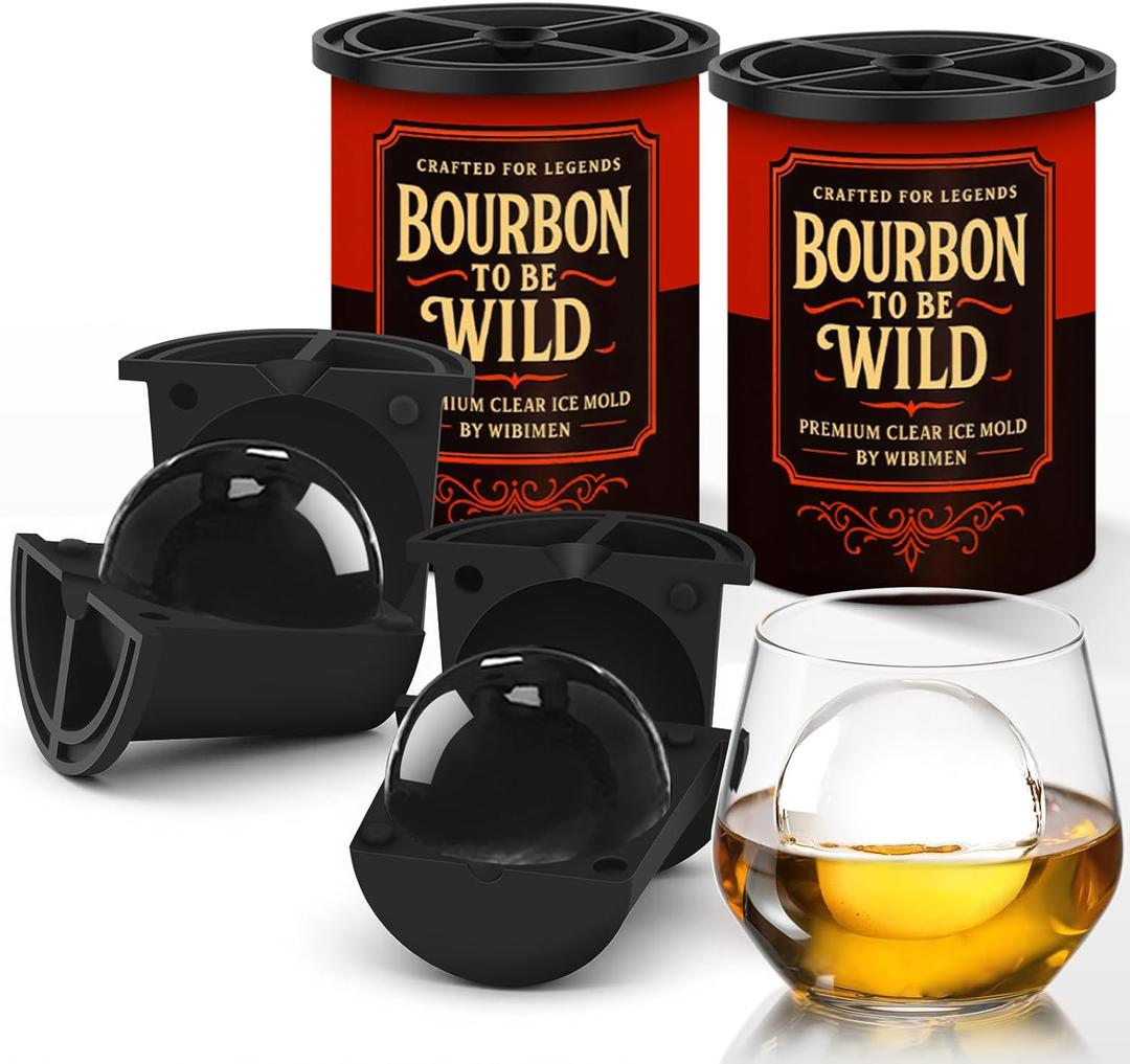 Clear Ice Cube Maker, 2.5" Stainless Steel Crystal Clear Ice Ball Maker, Non-BPA Silicone Ice Cube Molds for Whiskey Easy Release Ice Maker, Bourbon Gifts for Men (Black, 2 PACK-BOURBON)