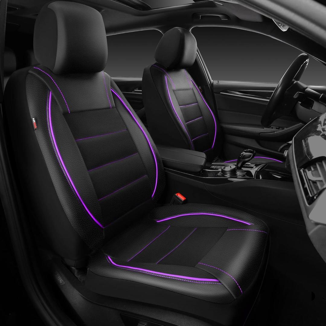 CAR PASS Universal FIT Piping Leather Two Front Seat Covers, Waterproof Faux Leather for SUV Sedan Van Truck, Airbag Compatible,Reserved Opening Holes for Headrest Covers(Black and Purple) (Black & Purple)