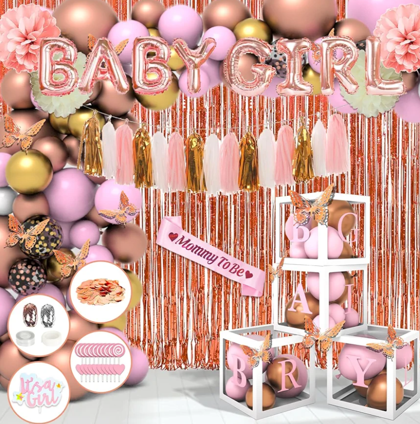 181pcs Rose Gold Baby Shower Decorations, Baby Girl Shower Decorations with Balloon Arch Kit, Baby Boxes, Paper Pom Poms, Fringe Curtains, Sash, Cake Copper