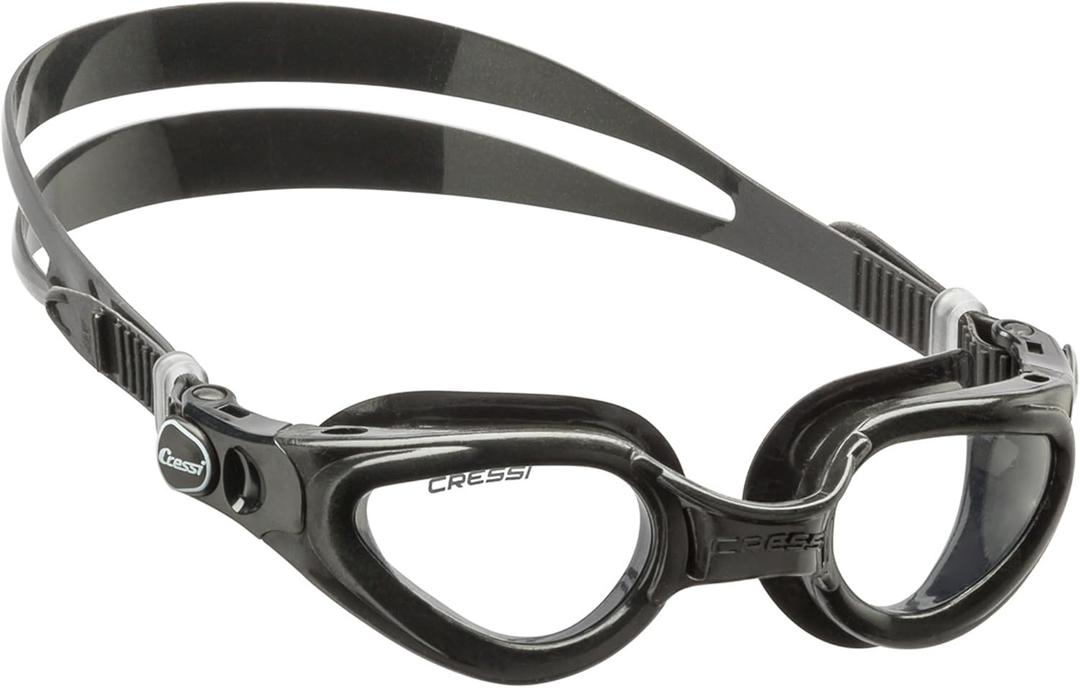 Cressi Adult Swimming Goggles with Curved Lenses for Wide Vision - Right made in Italy (Black/Black, Clear Lens)