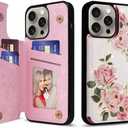 UEEBAI Wallet Case for iPhone 14 Pro with Card Holders, PU Leather Cover Kickstand RFID Blocking Double Magnetic Clasp Rilievo Flower Shockproof Flip Case for Women Girls - Rose Flower