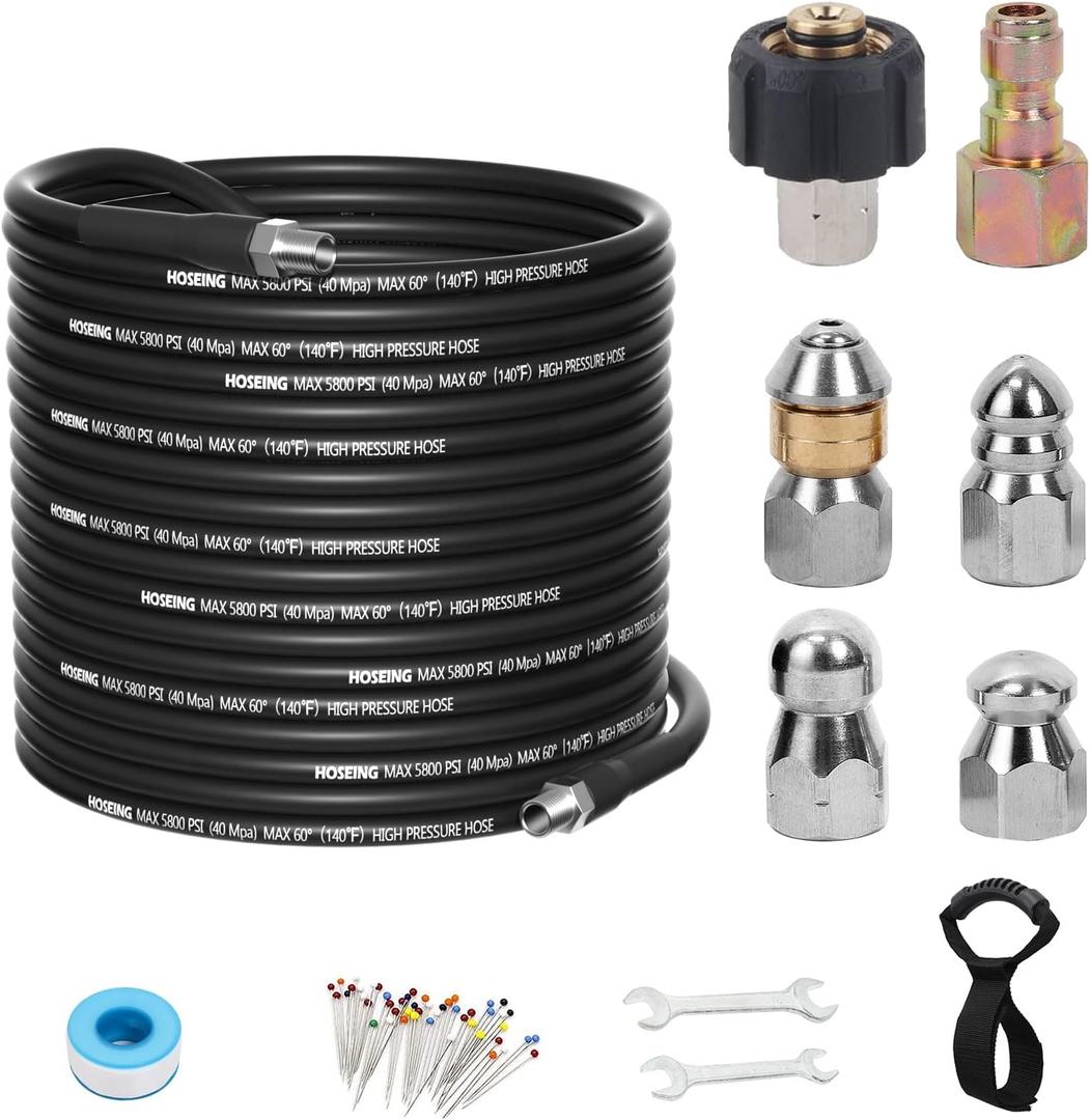 100FT Sewer Jetter Kit for Pressure Washer, 5800 PSI Water Jet Drain Cleaner Hose Corner Rotating Button Nose Sewer Jetting Nozzle 1/4 Inch NPT, Sewer Jetter Nozzles Kit with Spanner Handle Strap (Black)