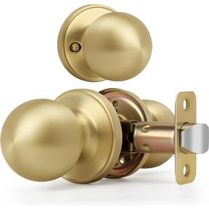 Brushed Gold Ball Design Door Knob No Lock, Passage Round Shaped Non-Locking Doorknob for Hallway/Closet, Satin Brass Finish
 (10 Pack)