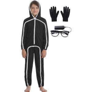 Stick Figure Costume Kids Stickman Jumpsuit with Light up Glasses Halloween Glow in the Dark Outfits for Boys Girls (Ice Blue, Small(56 Years))