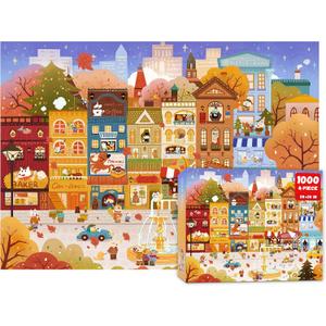 Jigsaw Puzzles for Adults 1000 Pieces, Autumn Village Town 1000pc Puzzle, 1:1 Poster, Vibrant Street with Cafe, Bakery & Hotel Kuma (Autumn Tale Town), 28 *20 inch