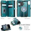 Defencase for iPhone 17 Magnetic Wallet Case Compatible with Magsafe with RFID Blocking Zipper Pocket & Card Holder for Women Men PU Leather Strap Detachable Case for iPhone 17 (6.3 inch), Blue Green