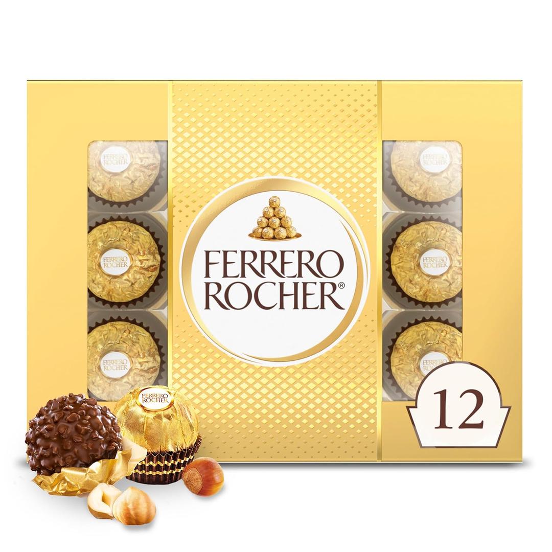 Ferrero Rocher Fine Hazelnut Milk Chocolate, 12 Count, Pack of 6 Individually Wrapped Chocolate Candy Gift Boxes, 5.3 oz (BB: September 11, 2025)