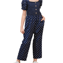 GORLYA Girls Puff Sleeve Casual Button Shirred Jumpsuit Outfits Straight Wide Leg Pant Jumper Rompers (GOR1199, 14Y, Navy Dot)