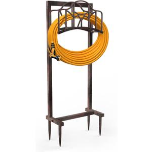 Garden Hose Holder Hanger Freestanding, Upgraded 4-Spike Heavy Duty Storage Reel Stand, Holds 150ft Hose for Outside Yard Lawn (Rustic Line, Metal)
