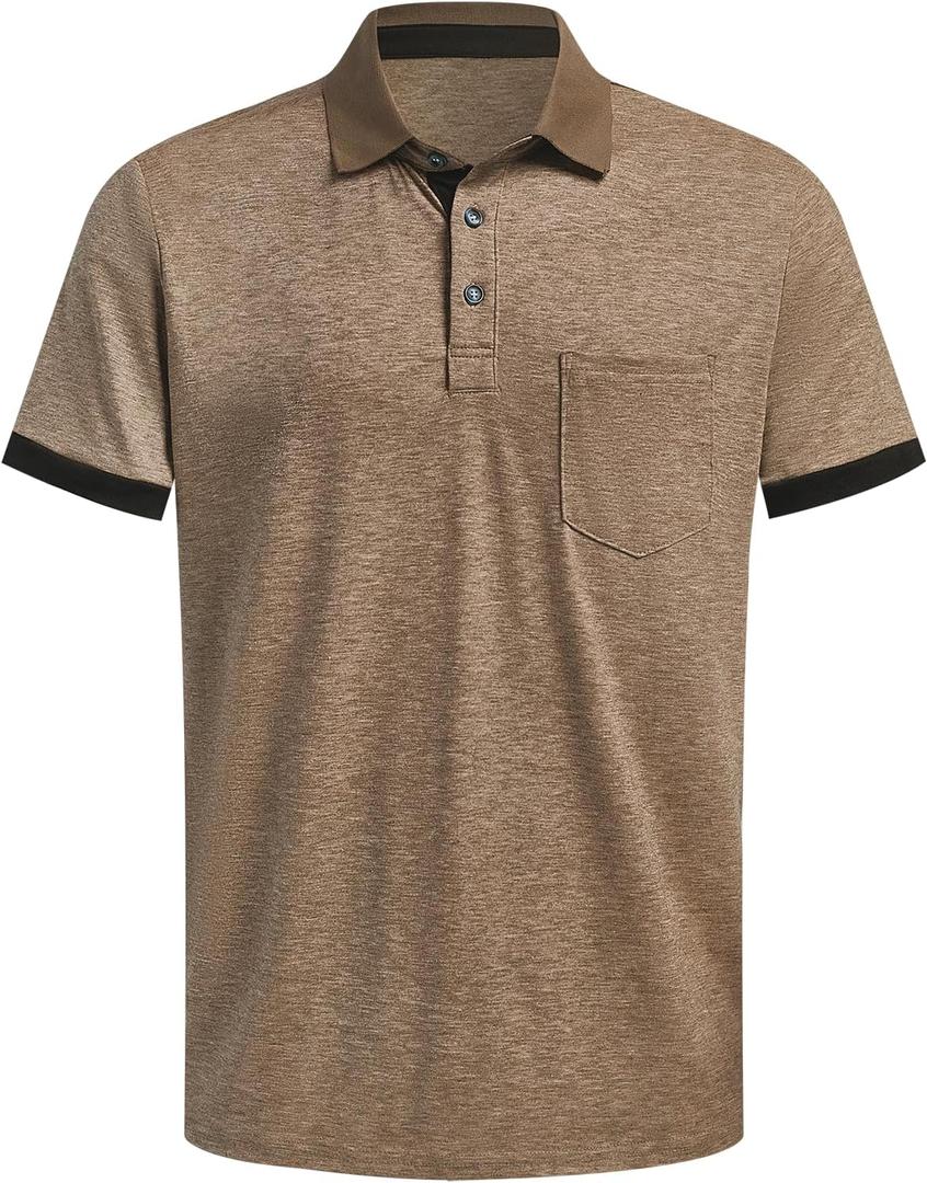Hardaddy Men's Business Casual Golf Polo Shirt with Pocket Short Sleeve Work Shirts with Collar Stylish Summer Contrast Color Tees Tops Shirts Slim Fit Khaki 3XL (XXXL)