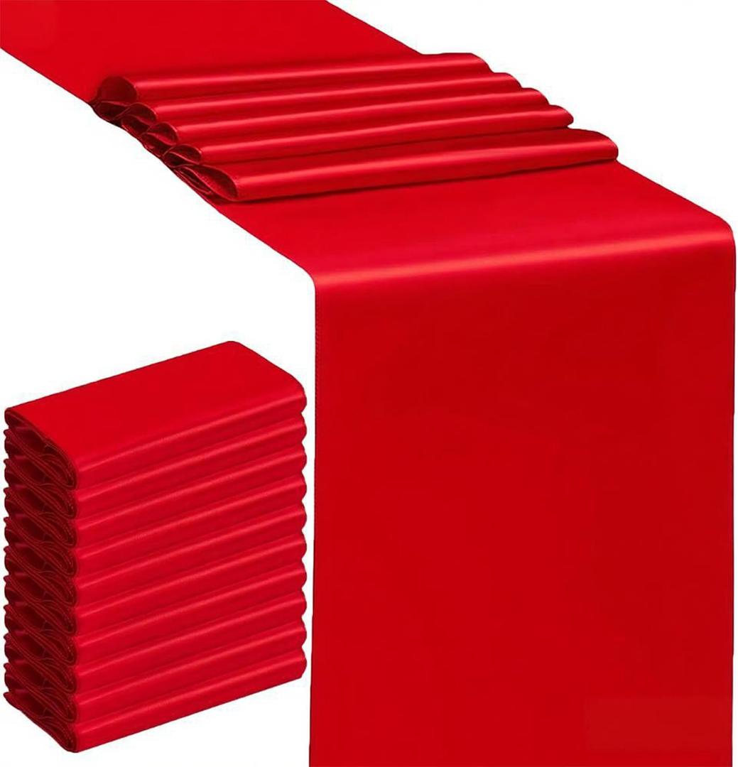 10 Pack Satin Red Table Runners 12 X 108 Inches Wedding Table Runner for Party Birthday Banquet Bridal Shower Baby Shower Engagement Table Decorations - Red