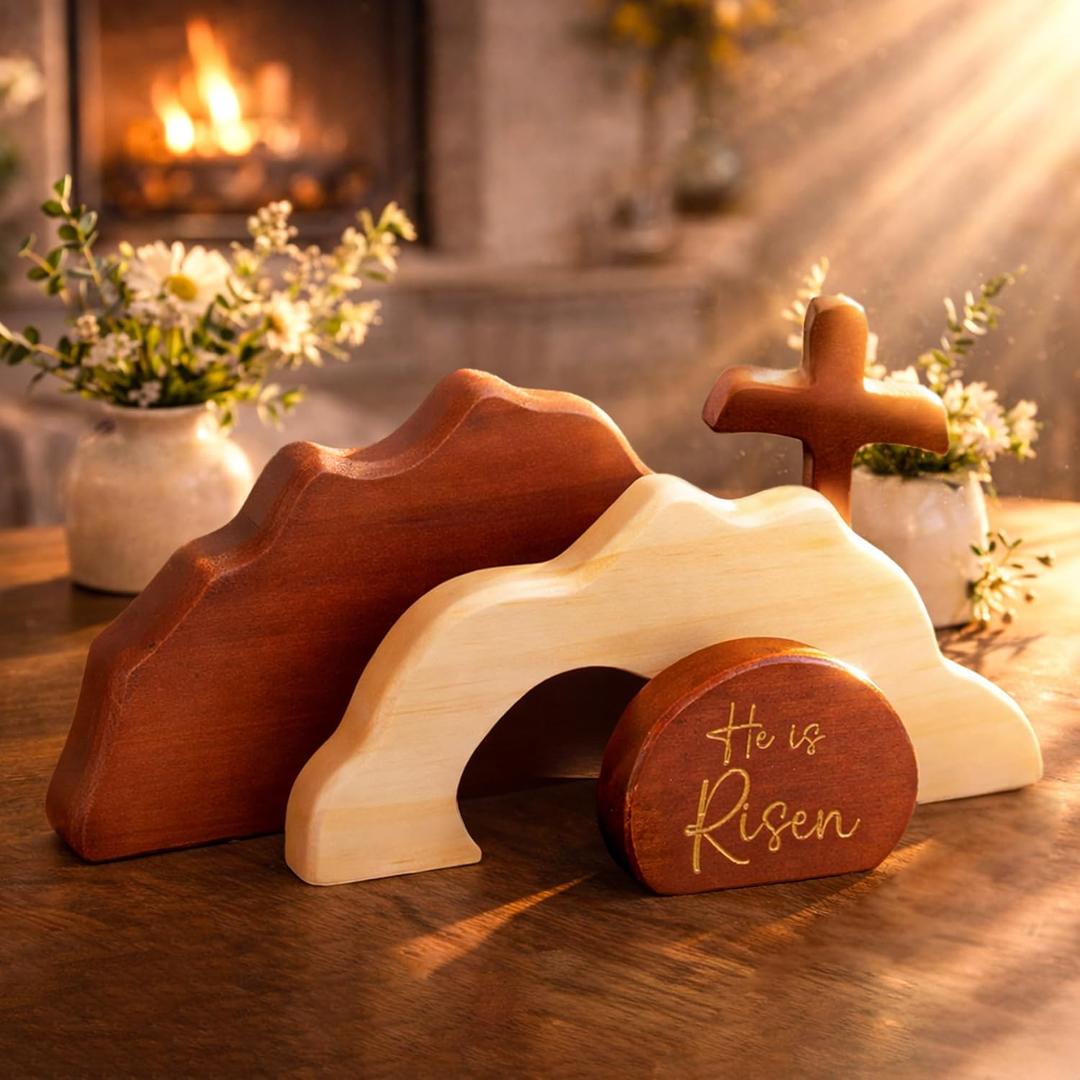 He Is Risen Easter Decor  Wooden Resurrection Scene with Empty Tomb, Cross & Figurines, Christian Religious Tabletop Decoration for Home Christian Easter Basket Stuffer