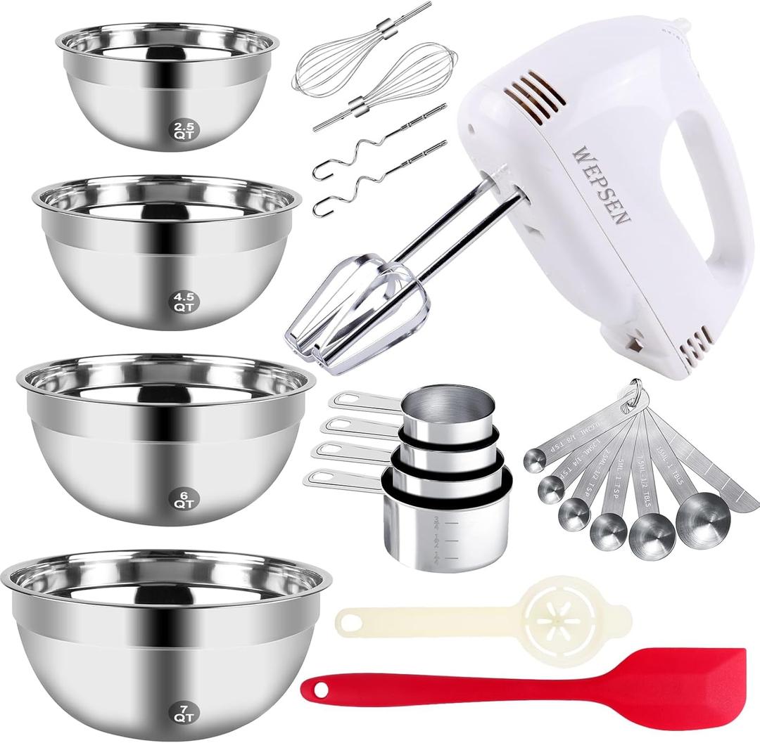 5-Speed Electric Hand Mixer, 4 Large Mixing Bowls Set, Handheld Mixers with Whisks Beater, Stainless Steel Metal Nesting Bowl Measuring Cups Spoons Kitchen Cake Blender for Baking Supplies