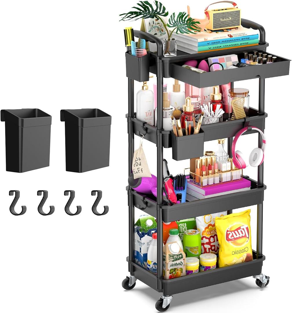 Goovilla 4 Tier Rolling Utility Cart Organizer with Removable Drawer, Stable and Sturdy Black Rolling Storage Carts with 2 Lockable Wheels for Bathroom, Kitchen, Snack, Craft, Makeup, Baby Essentials