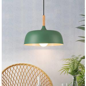 12.6" Farmhouse Metal Drum Pendant Lights,Dimmable Modern Hanging Light Fixture Pendant Lights Kitchen Island with Natural Wood Cap for Dining Room Living Room Bedroom,Green