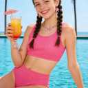URMAGIC Girls Two Piece Swimsuits Ribbed Bikini Sets Swimming Bathing Suit Beach Sport Athletic Teen Girls Swimwear, Rose Red 9-10yrs