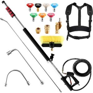RIDGE WASHER 24 FT Telescoping Pressure Washer Wand, Power Washer Extension Wand with Brush, Telescopic Gutter Cleaner with 3 Stainless Steel Curve Wands, Adjustable Support Belt, 7 Nozzles, 4000 PSI