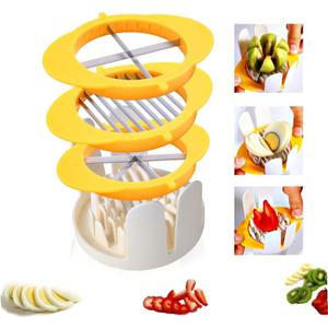 3-In-1 Egg Slicer with Blades, Stainless Steel Egg Cutter for Hard Boiled Eggs, Multi-purpose Food Slicer to Cut Fruits into Fourth Sixth or Slices, Heavy Duty Dishwasher Safe, Yellow